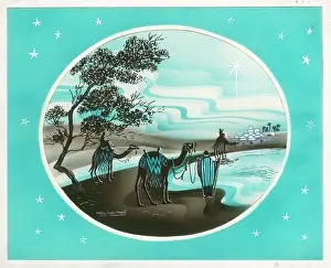 Schermele: Three Kings with camels looking at Bethlehem