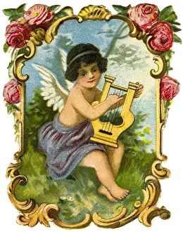 Wafer: kitsch / souvenir, engel with roses, lithograph