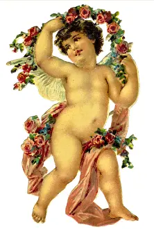 Wafer: kitsch / souvenir, engel with roses, lithograph