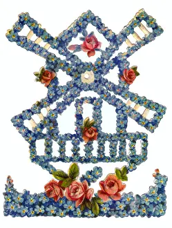 Chromos: kitsch / souvenir, windmill with flowers, lithograph