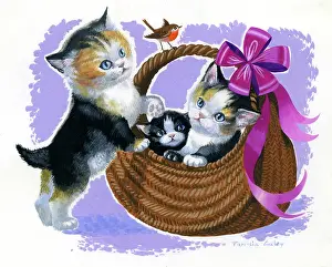 Caley: Kittens with basket and robin