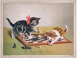 Chessboard: Two kittens on a New Year card