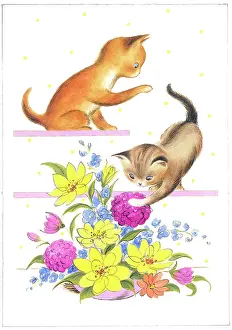 Rawlings: Two Kittens playing with a bowl of mixed flowers