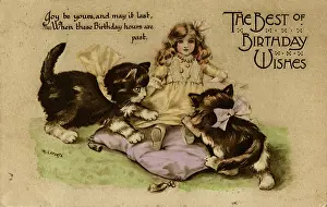 Tassels: Two kittens playing with a doll on a birthday postcard