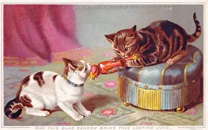 Pouffe: Two kittens pulling cracker on a Christmas card