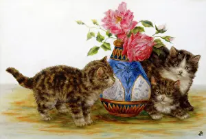 Bessie: Three Kittens ' with a vase of pink roses