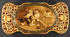 Brooch: Three kittens watch a kettle boiling
