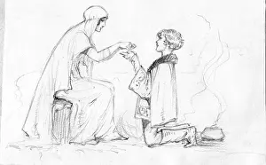 Cloaked: A kneeling boy accepts the favour of a princess