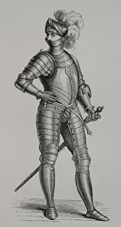 Chevalier: Knight in armour. Engraving from a design by Cesare