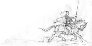 Lances: A knight on horseback and in full armour, galloping off