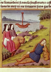Chivalrous: Knight Percival dreams about two women. Illustration