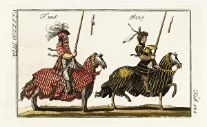 Caparison: Knights in armor for a course with shield and