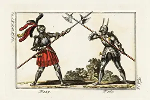 Halberds: Two knights in armor fighting a duel with halberds