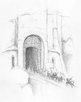 Gated: Knights crossing a bridge to enter a castle