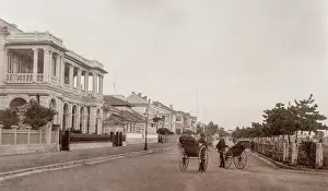 Rickshaws: Kobe Bund with rickshaws and western consulates, Japan