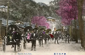 Sakura: Kobe, Japan, Rickshaws, Drivers, passengers on Nunobiki Road