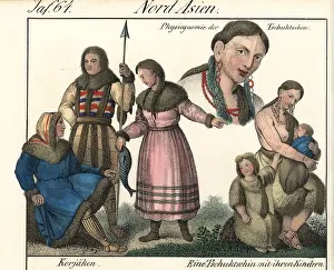 Chukchi: Koryak people holding spears and fish, and