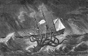 Mythical Creatures: Kraken attacking ship during a storm