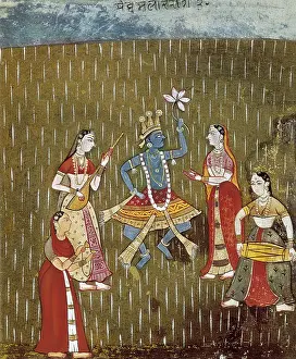Rainfalls: Krishna with a lotus flower and Radha dancing in