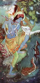 Krishna: Krishna playing flute, painting by Ranada Ukil