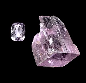 Sodium: Kunzite crystal and cut stone