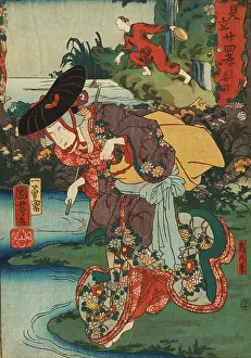 Kuniyoshi: Kuzu-no-ha elaborately dressed, by a stream