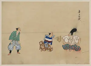 Kyogen: Kyogen play with three characters, one wearing a large hat a