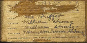 Strang: Label for painting, The Buffet, by William Strang, WW1