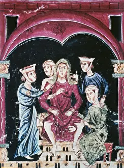 Costumbrism: Labor. Woman giving birth and four nurses looking