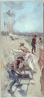 Brooch: The labourers or work building a square