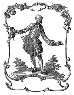 Manservant: Lackey in livery with coffee pot and tray with two cups