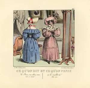 Flattery: Two ladies dressing before a mirror in a parlor