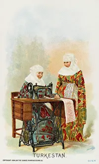 Sews: Ladies from Turkestan using a Singer Sewing Machine