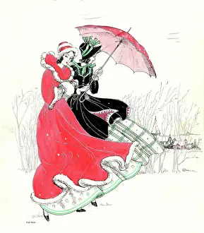 Doig: Two ladies with an umbrella out on a windy day