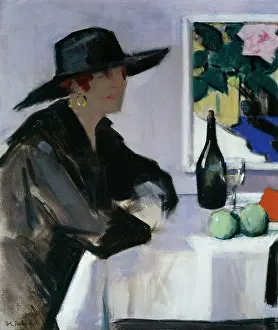 Boileau: Lady in a Black Hat ' at table with wine etc