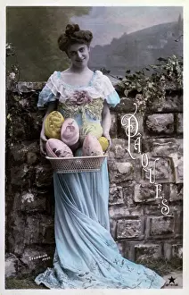 Inviting: Lady in a blue dress with a basket of Easter eggs