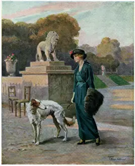 Borzoi: Lady with Borzoi in Park