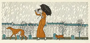 Brolly: LADY & DOGS IN RAIN