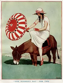 Summers: Lady and Donkey ride through a lush meadow
