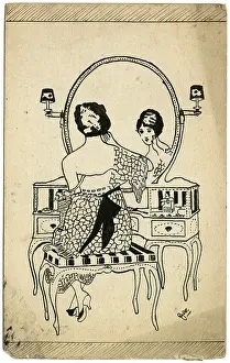 Powdering: Lady at dressing table - WWI postcard by George Ranstead