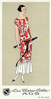 Fabrics: Lady in geometrically patterned red and white dress