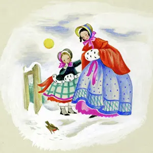 Wickham: Lady and girl looking at Robin in snow