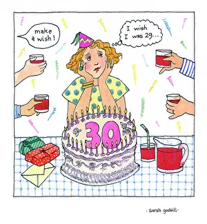 Wording: Lady sitting in front of 30th birthday cake