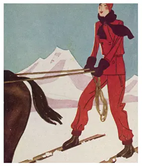 Skiwear: LADY SKIER & HORSE 1929