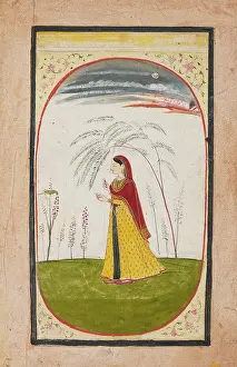 Sparse: Lady standing in a sparse landscape, holding a flower