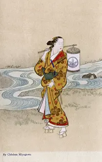 Ukiyo E: A lady strolling along a winding stream by Miyagawa Choshun