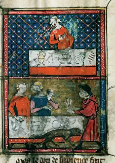Doctrine: Lady before a table ready for a banquet (top) and man and wo