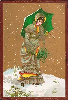 Victorian Christmas: Lady walking through the snow on a Christmas card