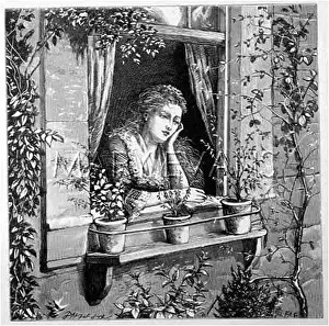Musing: Lady at her window, with potted plants on the sill