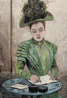 Inkwell: Lady writing a letter. Colored engraving from 1888